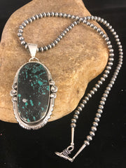 Green SpiderWeb Turquoise Pendant Navajo Pearls Necklace | Sterling Silver | Authentic Native American Handmade | 1329