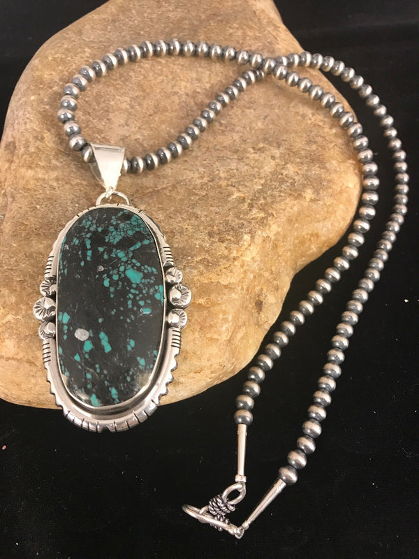 Green SpiderWeb Turquoise Pendant Navajo Pearls Necklace | Sterling Silver | Authentic Native American Handmade | 1329