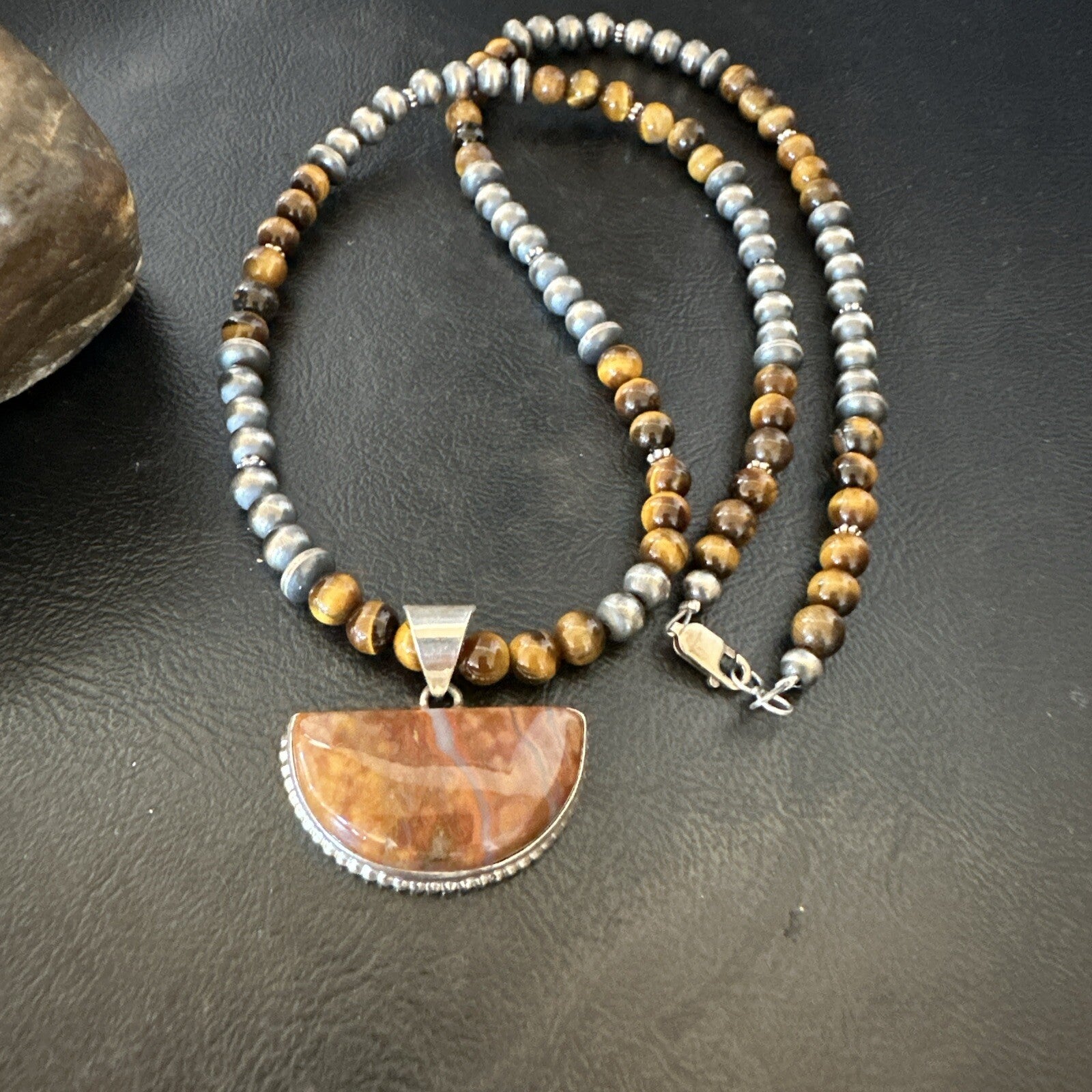 Coffee Tigers Eye Jasper Sterling Silver Pendant Necklace Southwestern 18290