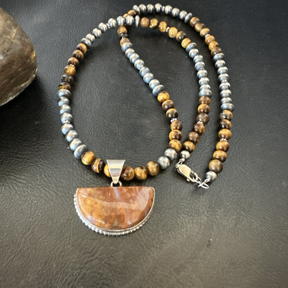 Coffee Tigers Eye Jasper Sterling Silver Pendant Necklace Southwestern 18290