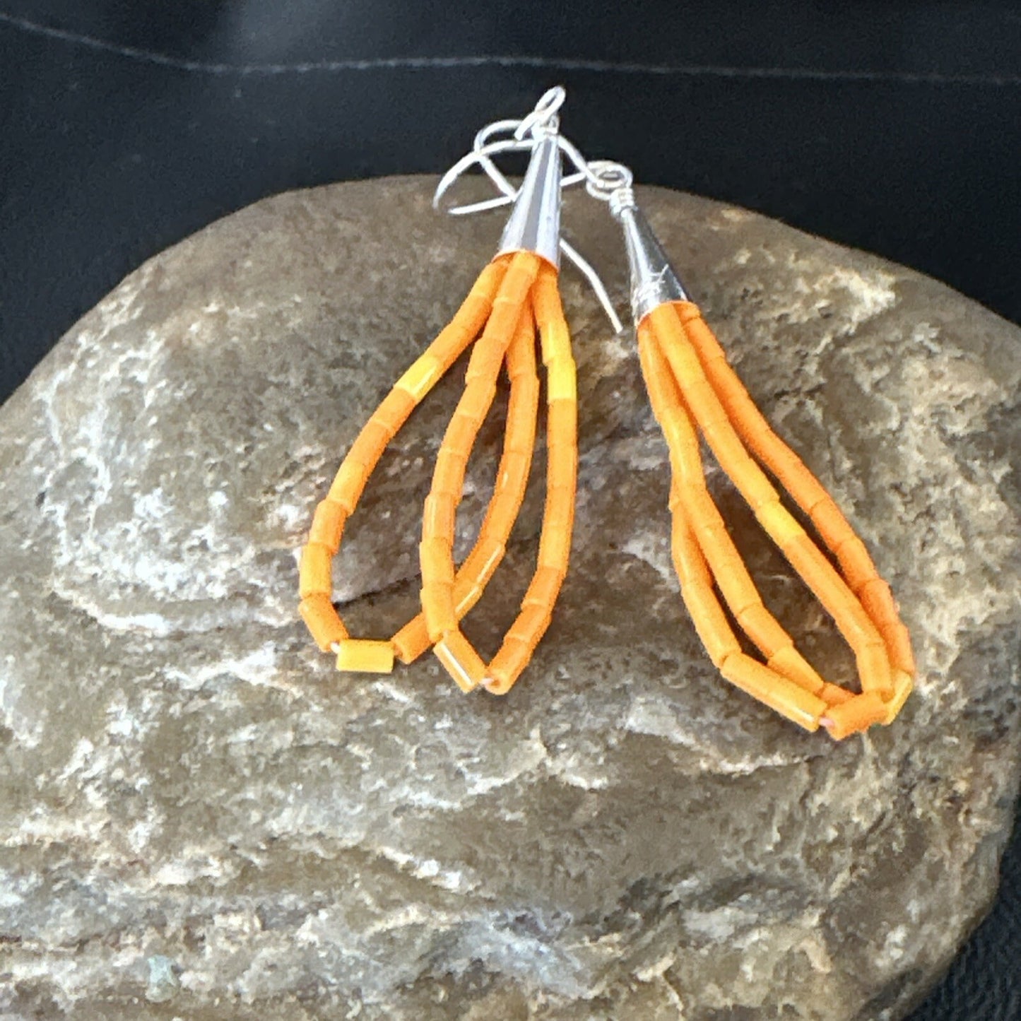 Orange Beads 2 Strands Heishi Liquid Sterling Silver Dangle Earrings 2" 18178