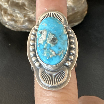 WoMens Blue Kingman Turquoise Navajo Sterling Silver Adjustable Ring Sz 8 19418