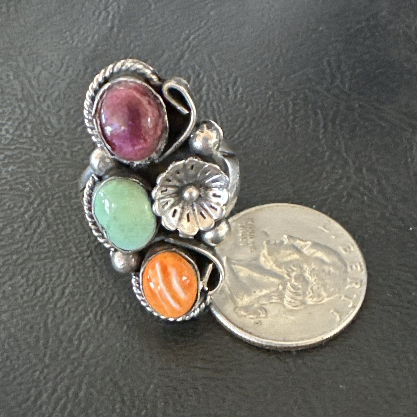 Multicolor Ring Turquoise Spiny Navajo Sterling Silver Cluster Size 9 19174