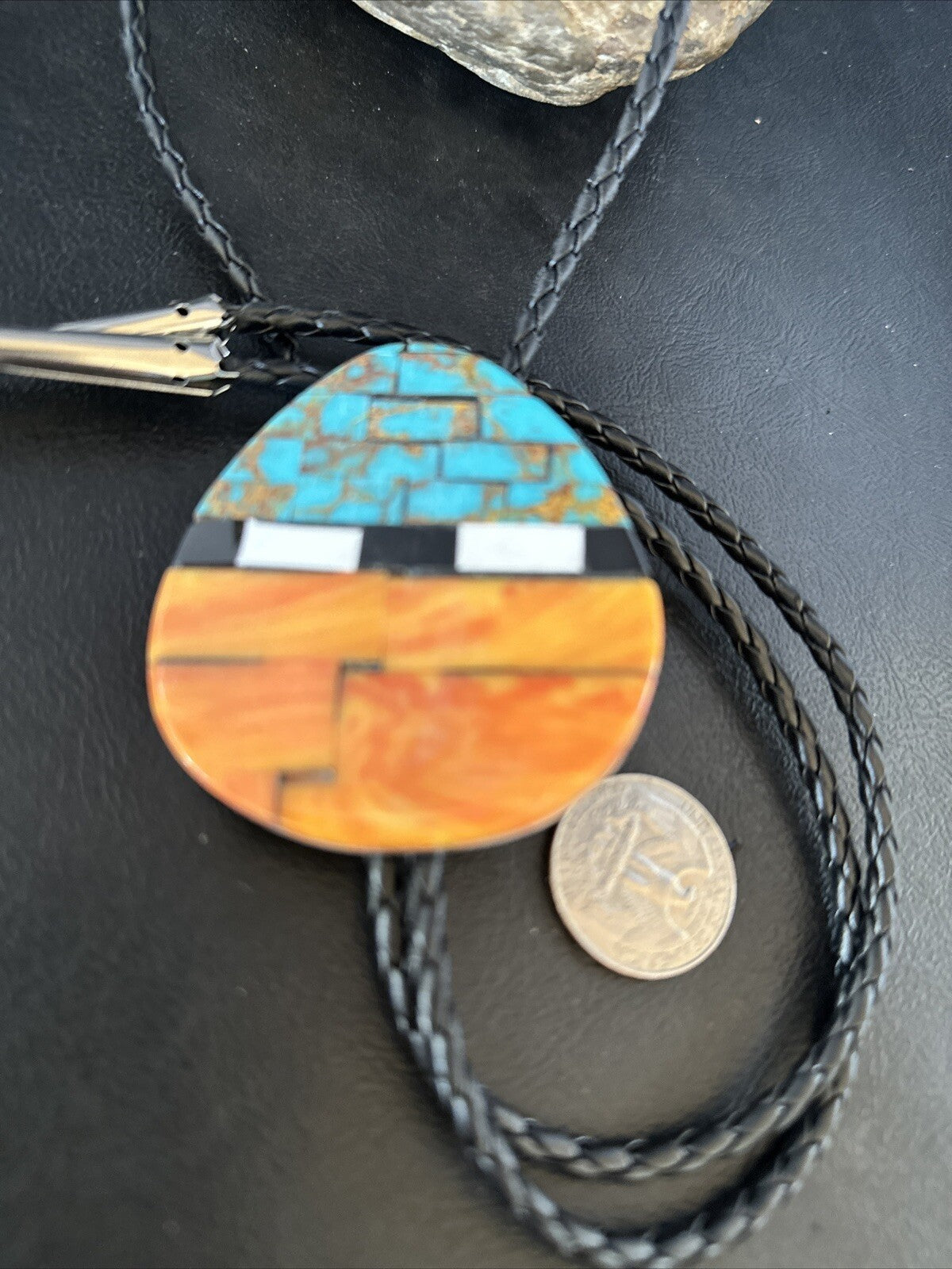 Mens Turquoise Orange Spiny Oyster Sterling Silver Santo Domingo Bolo Tie 14631