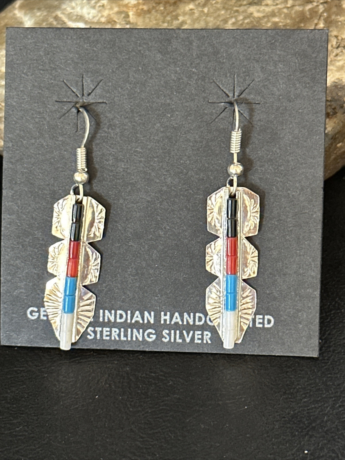 Lapis, Opal, Coral Navajo Sterling Silver Inlay Earrings 1.5” 14770