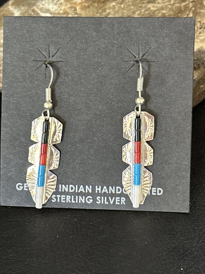 Lapis, Opal, Coral Navajo Sterling Silver Inlay Earrings 1.5” 14770