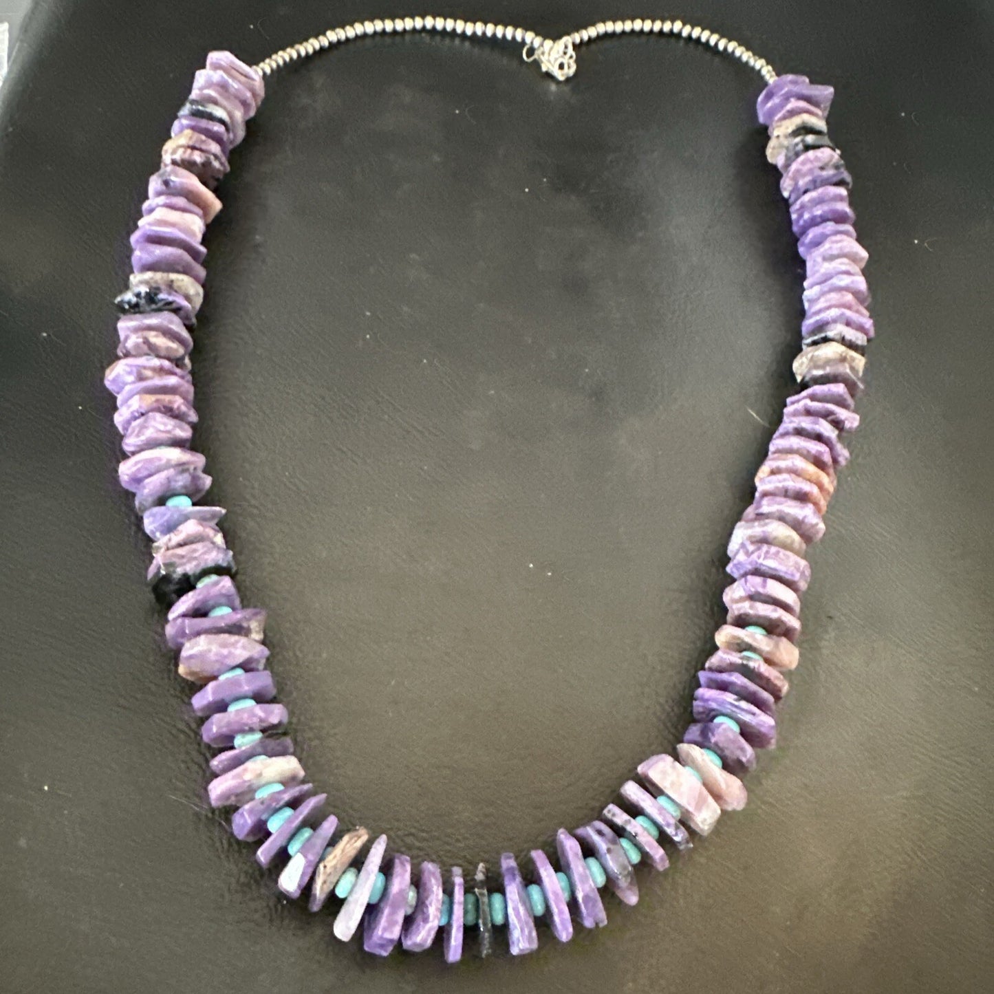 Popular Purple Charoite Blue Turquoise Navajo Sterling Silver Necklace 24” 18055