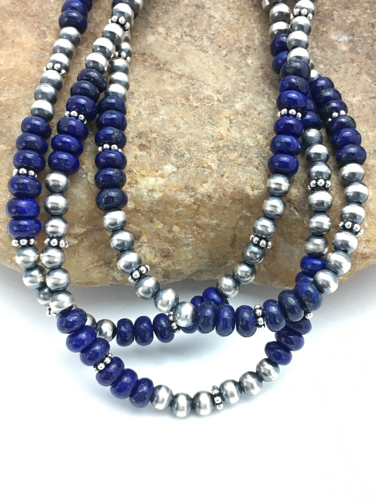 Blue Lapis Lazuli 3 Strands Navajo Sterling Silver Beads Necklace 02926