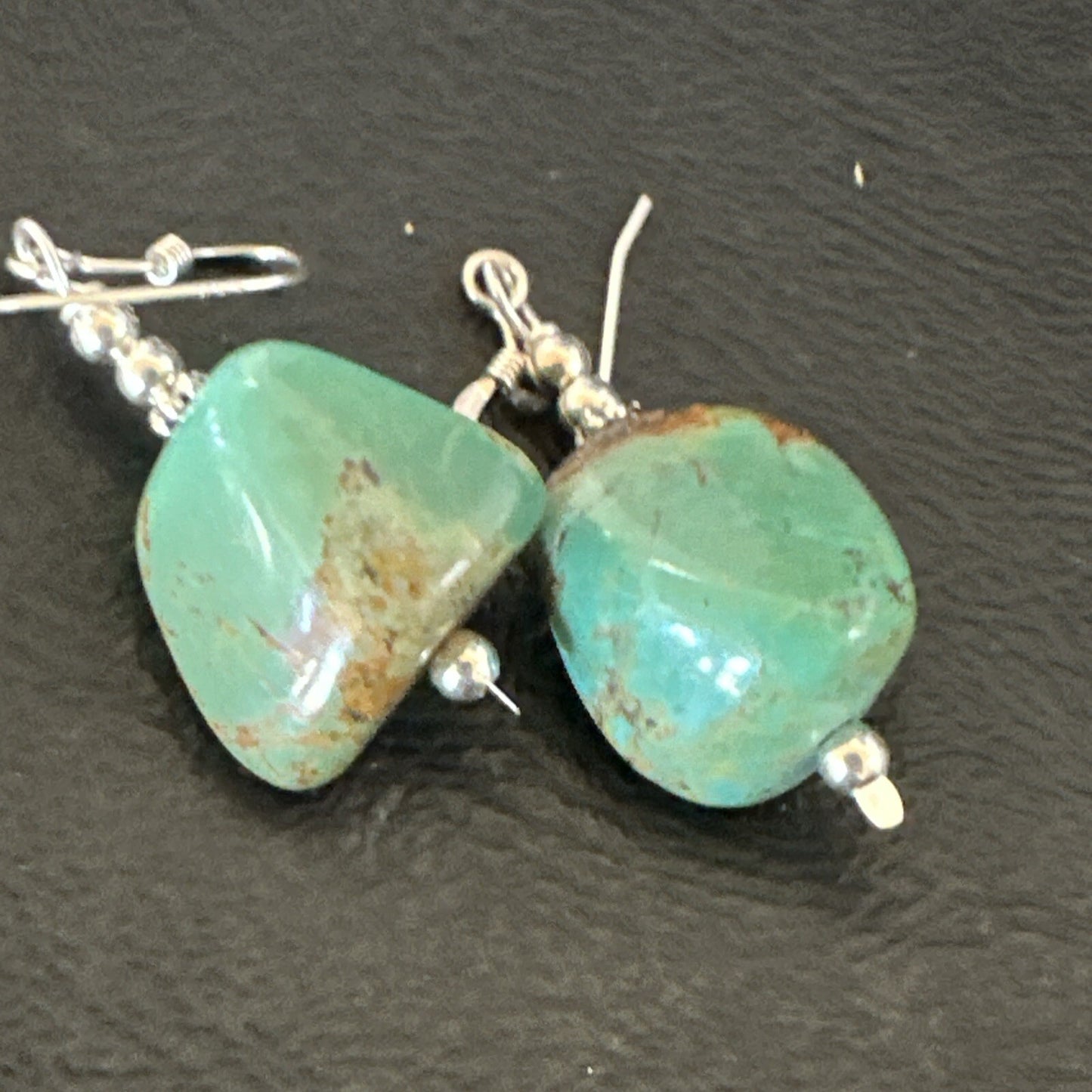Green Turquoise Nugget Sterling Silver Beads Navajo Earrings 1" 17868