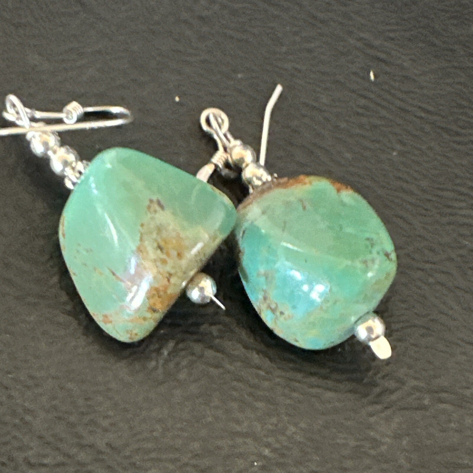 Green Turquoise Nugget Sterling Silver Beads Navajo Earrings 1" 17868