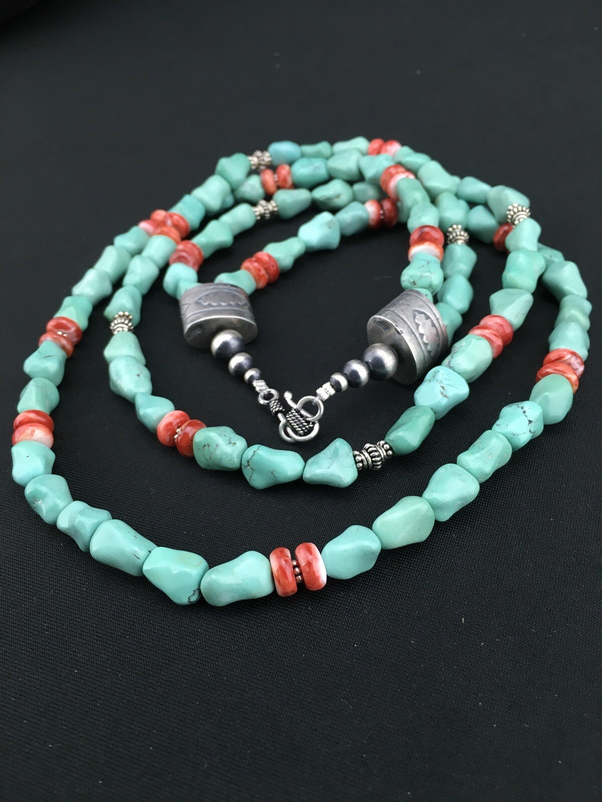 Native Turquoise Spiny Sterling Silver Nugget Bead 2 Strands Necklace 22" 01352