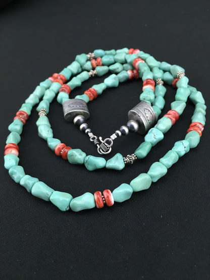 Native Turquoise Spiny Sterling Silver Nugget Bead 2 Strands Necklace 22" 01352