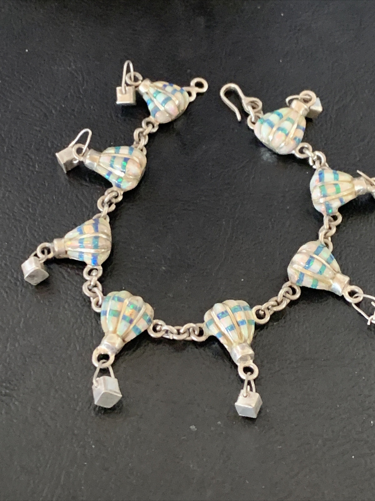 White Blue Opal Balloon Navajo Sterling Silver Link Inlay Bracelet 7.5" 12922