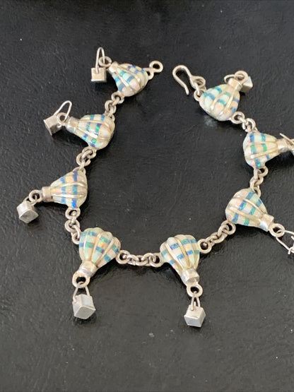 White Blue Opal Balloon Navajo Sterling Silver Link Inlay Bracelet 7.5" 12922