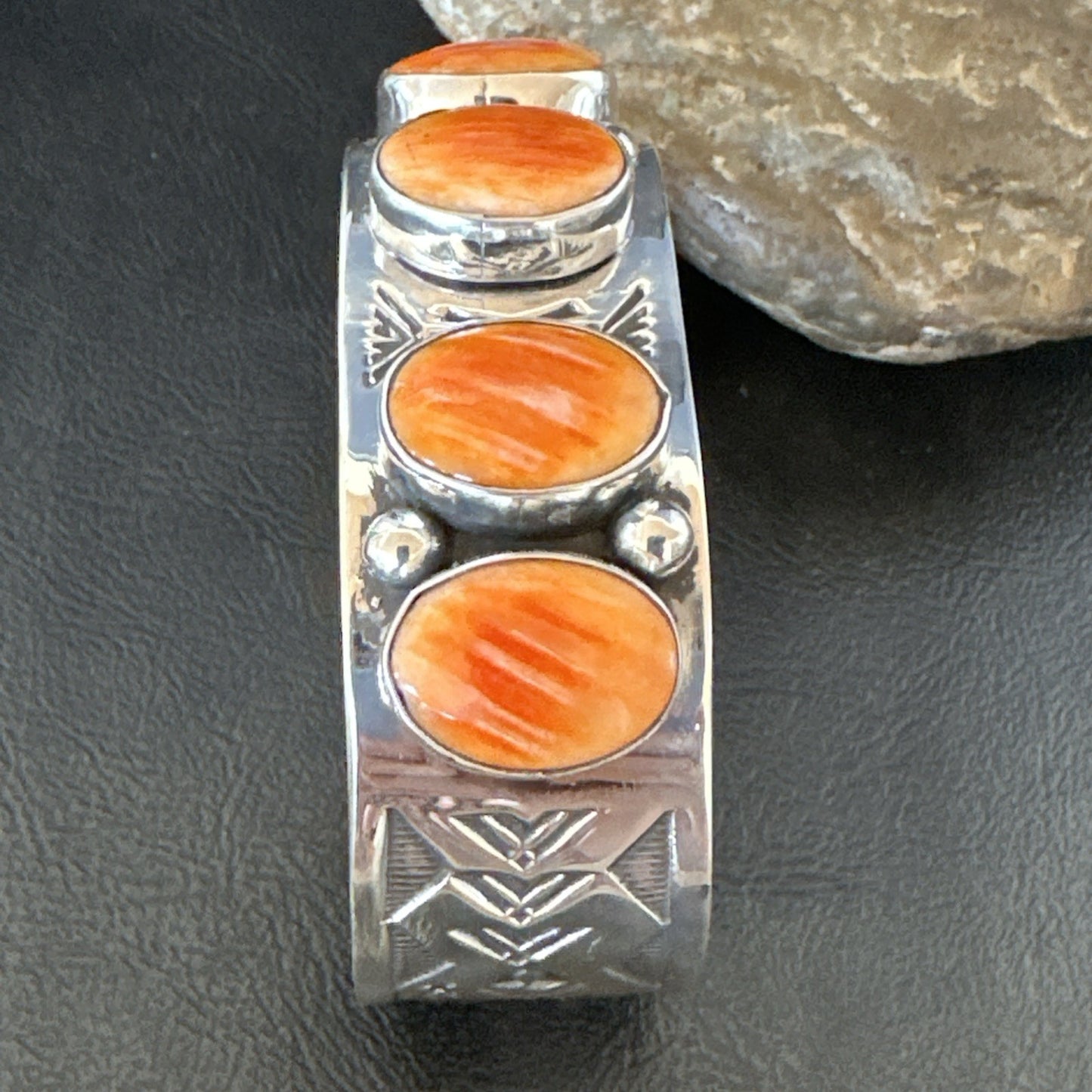 Orange Spiny Oyster 4 Stone Row Sterling Silver Navajo Cuff Bracelet 7.7" 19476