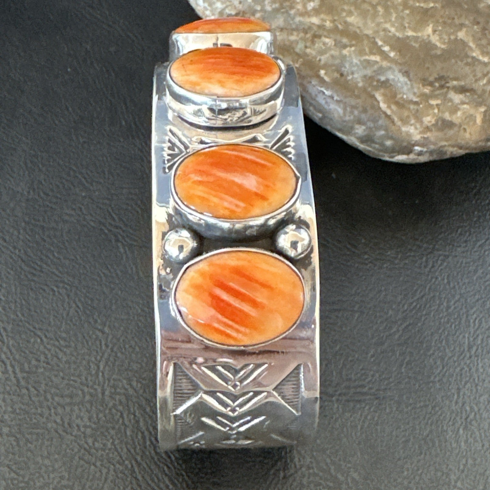 Orange Spiny Oyster 4 Stone Row Sterling Silver Navajo Cuff Bracelet 7.7" 19476