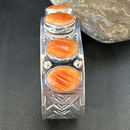 Orange Spiny Oyster 4 Stone Row Sterling Silver Navajo Cuff Bracelet 7.7" 19476