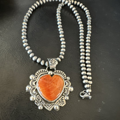 H Joe Orange Spiny Oyster Heart Pendant Navajo Sterling Silver Necklace 19486