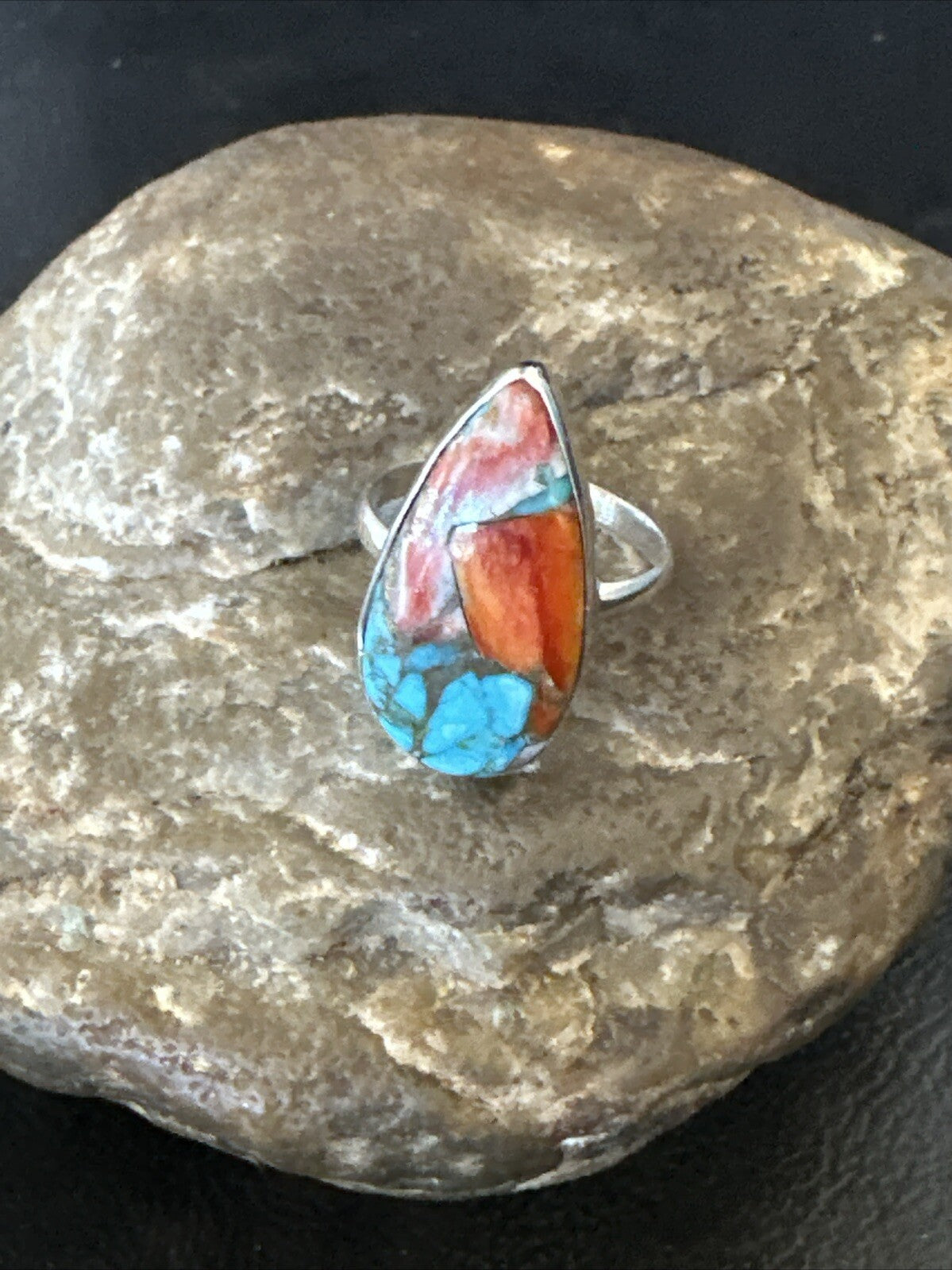 Blue Turquoise Spiny Oyster Southwestern Sterling Silver Ring Size 8 18435