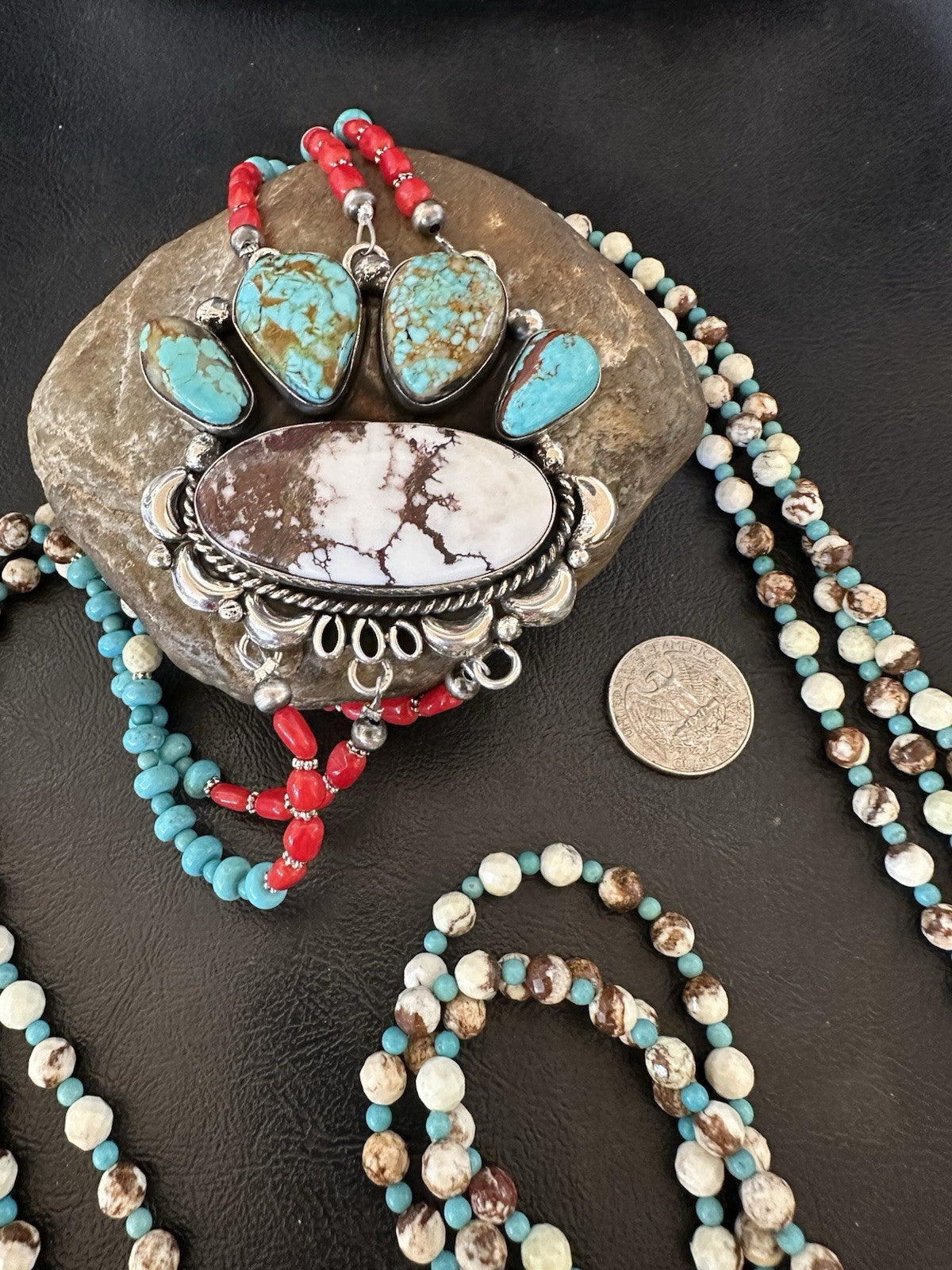 XL Statement Wild Horse Turquoise#8 Navajo 3S Sterling Silver Necklace 34” 19674