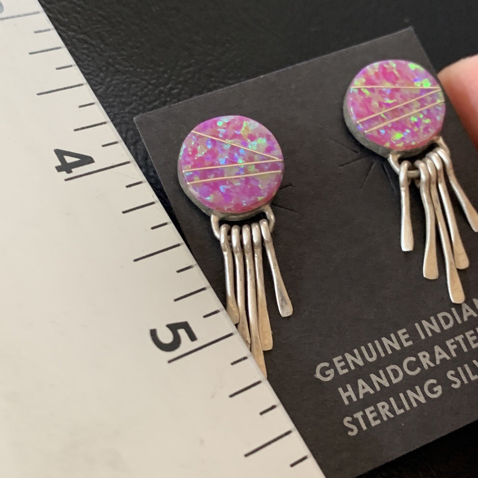 Womens Pink Opal Inlay Navajo Sterling Silver Dangle Post Earrings 1.3" 12758