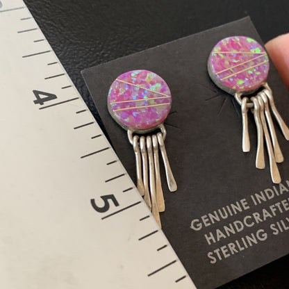 Womens Pink Opal Inlay Navajo Sterling Silver Dangle Post Earrings 1.3" 12758