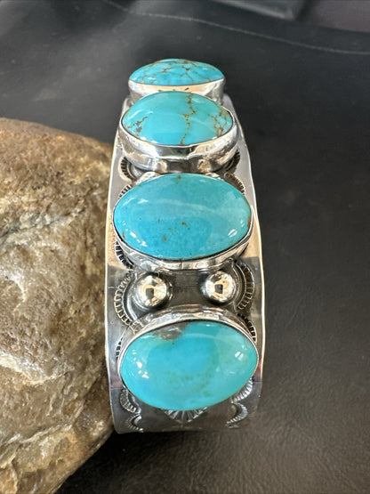 XL Blue Kingman Turquoise 5 Stone Navajo Sterling Silver Cuff Bracelet 18021