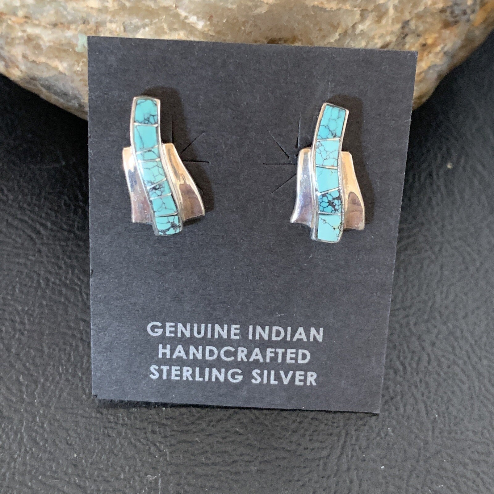 Womens Blue Spider Web Turquoise Navajo Sterling Silver Inlay Earrings 12901