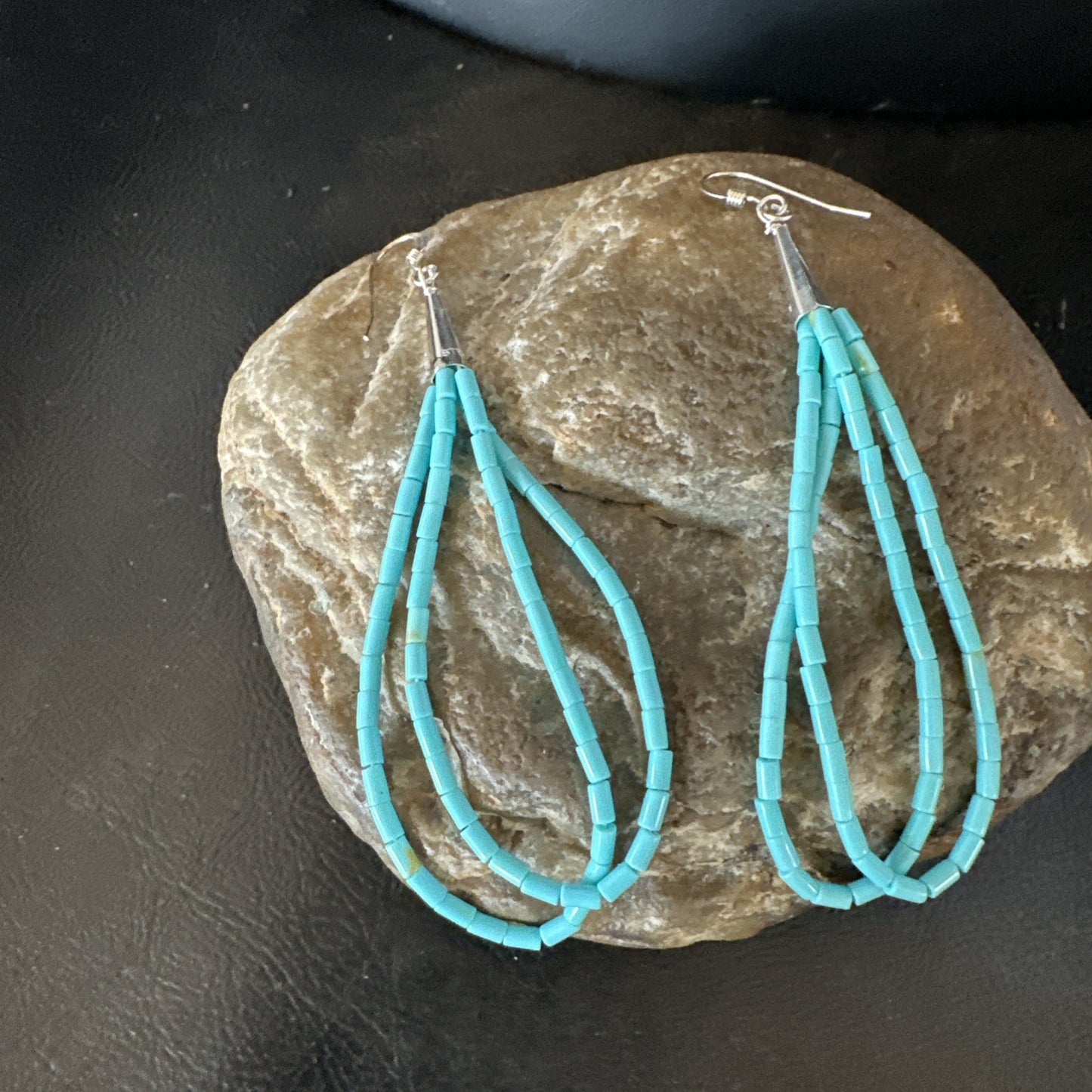 New Blue Turquoise Heishi 2 Strand Dangle Sterling Silver Earrings 3” 19039