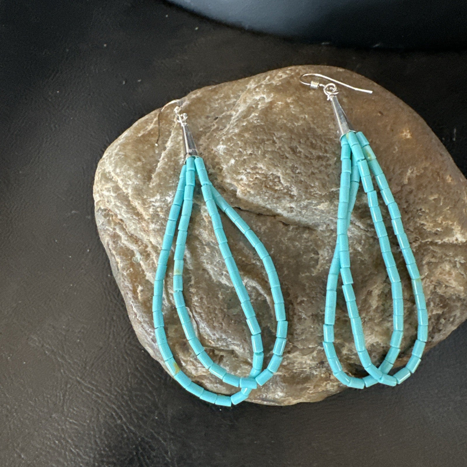 New Blue Turquoise Heishi 2 Strand Dangle Sterling Silver Earrings 3” 19039
