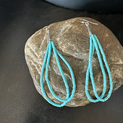 New Blue Turquoise Heishi 2 Strand Dangle Sterling Silver Earrings 3” 19039