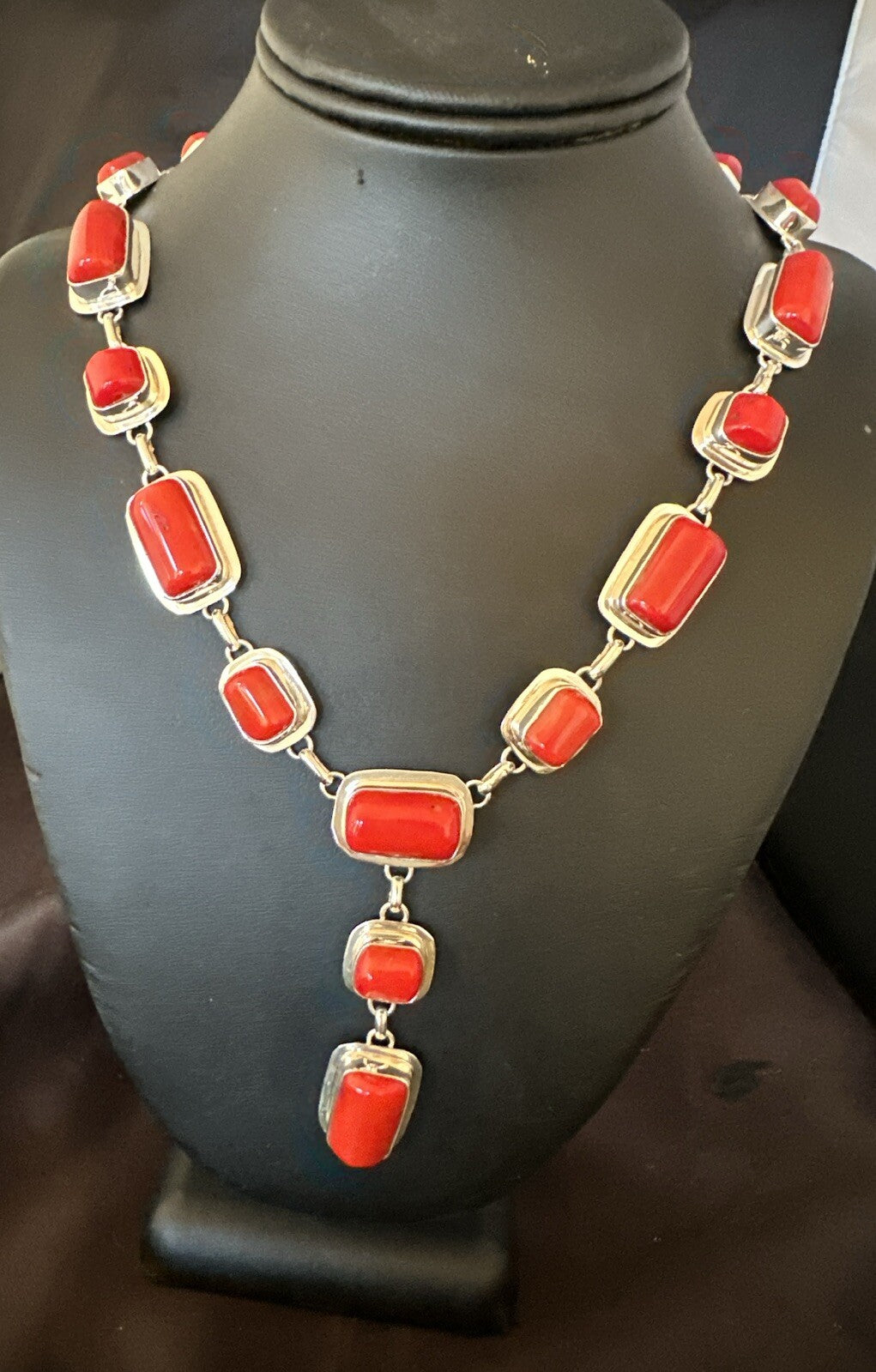 Handmade Women Red Coral Lariat Necklace Pendant Sterling Silver 19” 18410