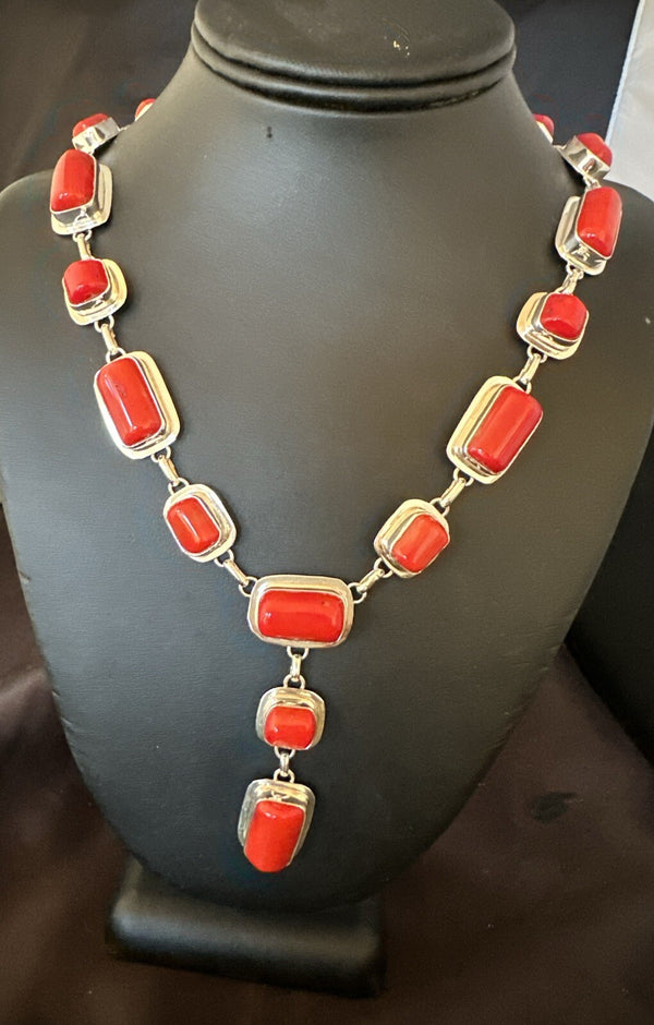 Handmade Women Red Coral Lariat Necklace Pendant 19" | Sterling Silver | Authentic Native American Handmade | 18410
