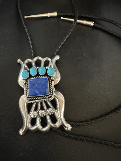 Mens Tufa Blue Lapis Lazuli Turquoise Navajo Sterling Silver Bolo Tie 3” 19472