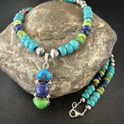 Blue Lapis Green Turquoise Cluster Pendant Navajo Necklace | Sterling Silver | Authentic Native American Handmade | 19659