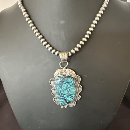 WoMens Blue Spiderweb Turquoise Pendant Navajo Sterling Silver Necklace 19298