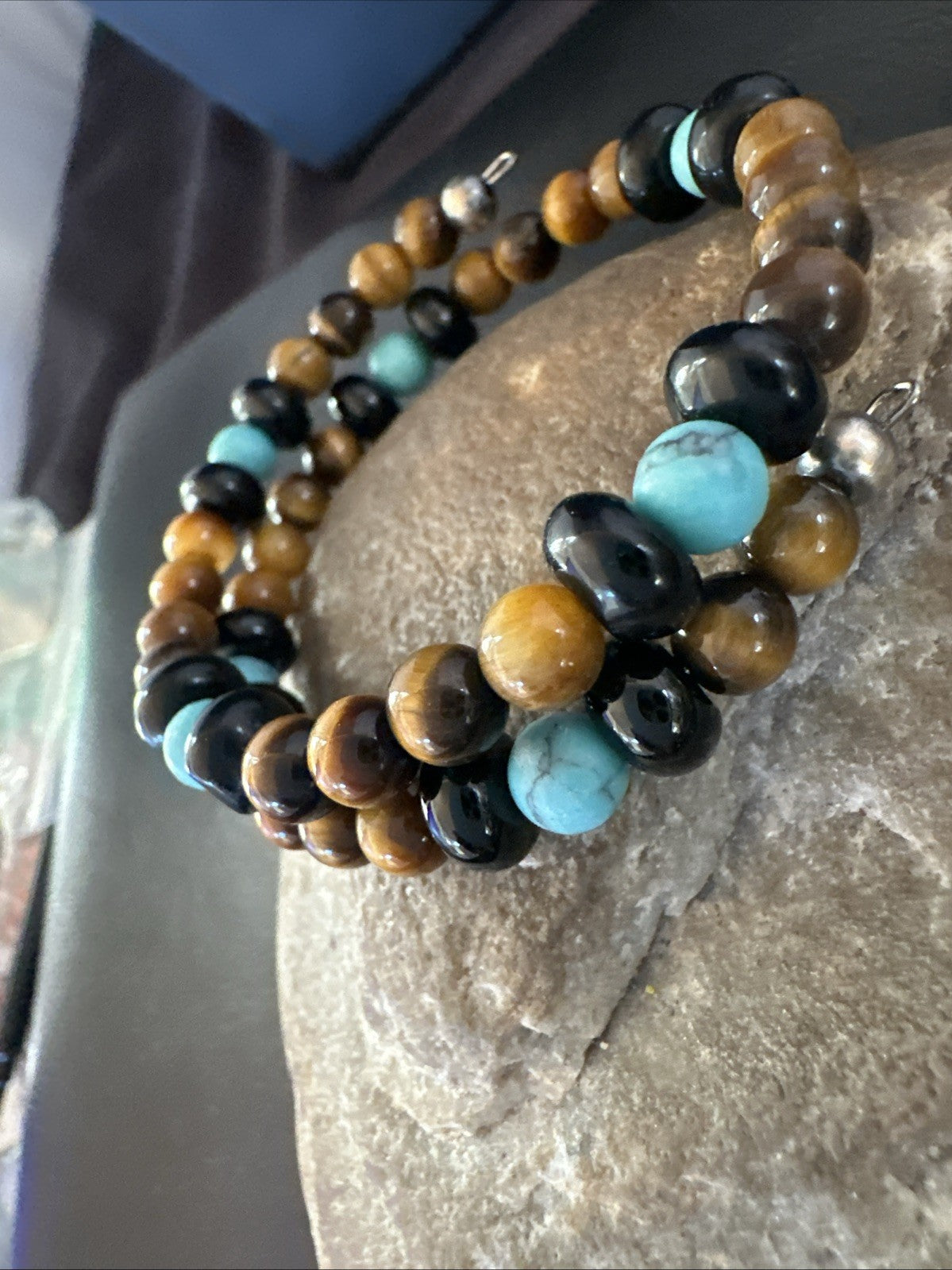 Blue Turquoise Coffee Tigers Eye Navajo Stainless Memory Wire Bracelet 19695