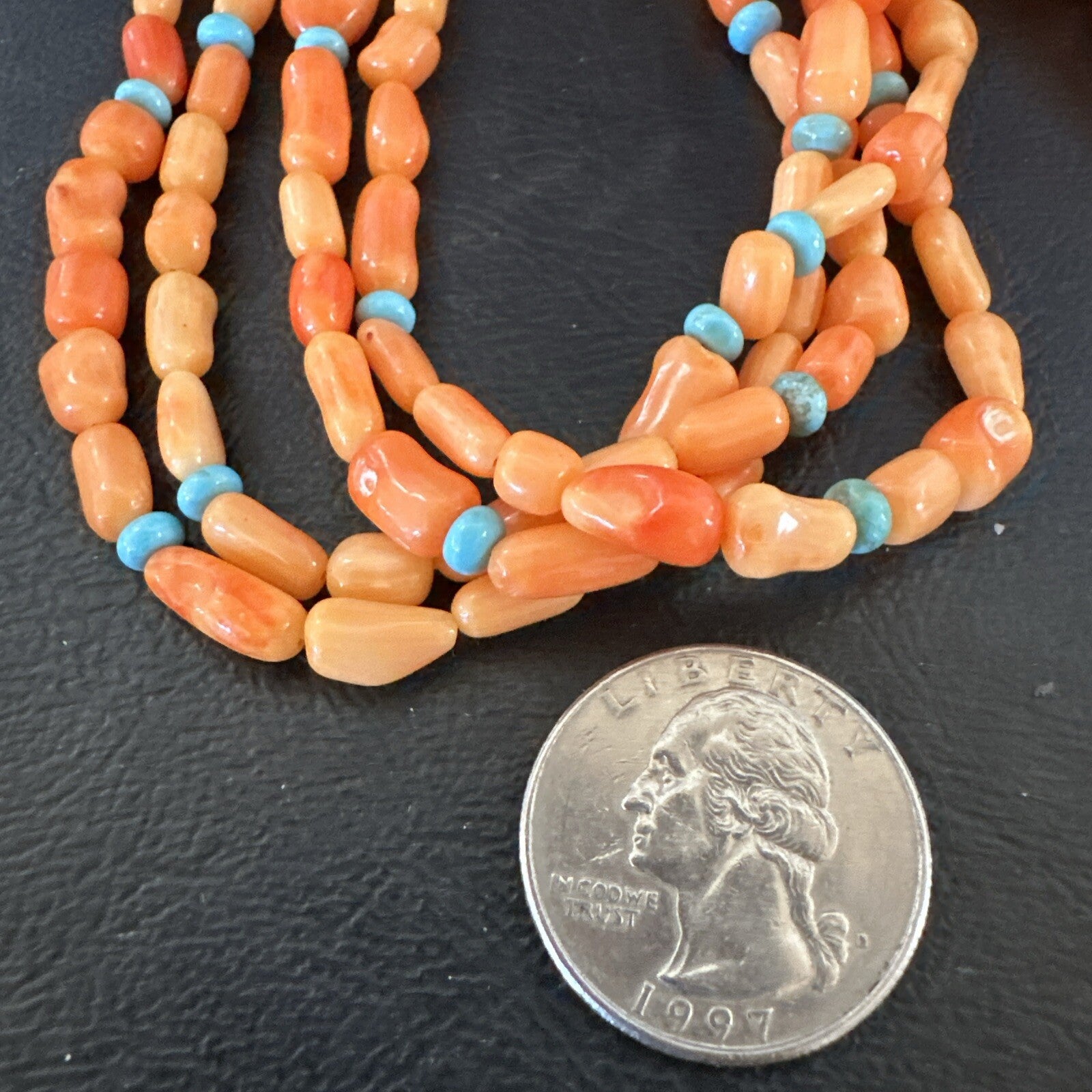 Native Turquoise Orange Coral Sterling Silver 4 Strand Necklace 21" 17820