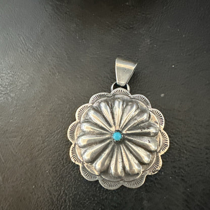 Navajo Native American Turquoise Pendant  Stamped Sterling Silver 1” 19687