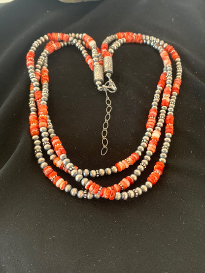 Red Spiny Oyster 3 Strands Navajo Pearls Sterling Silver Necklace 03172