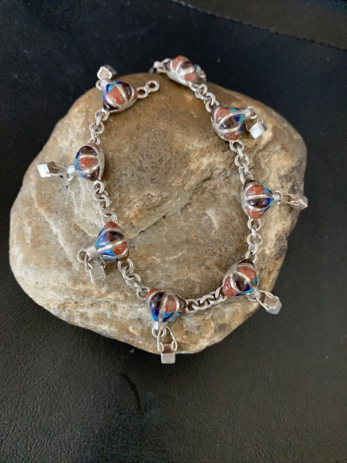 Blue Opal & Coral Balloon Navajo Sterling Silver Link Inlay Bracelet 7.5" 12923