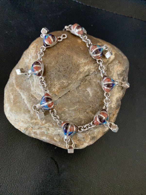 Blue Opal Coral Balloon Navajo Link Inlay Bracelet 7.5" | Sterling Silver | Authentic Native American Handmade | 12923