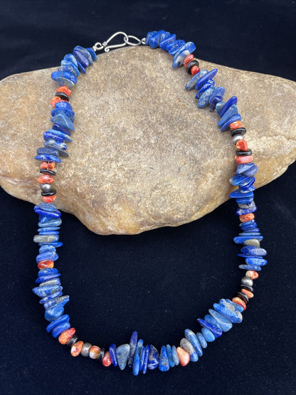 Mens Lapis Lazuli & Spiny Oyster Navajo Sterling Silver Necklace 18" 1737