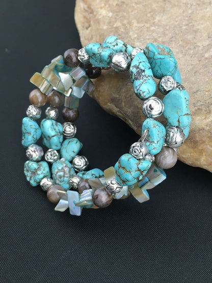 Blue Turquoise Navajo Stainless Steel Wire Bracelet 01318