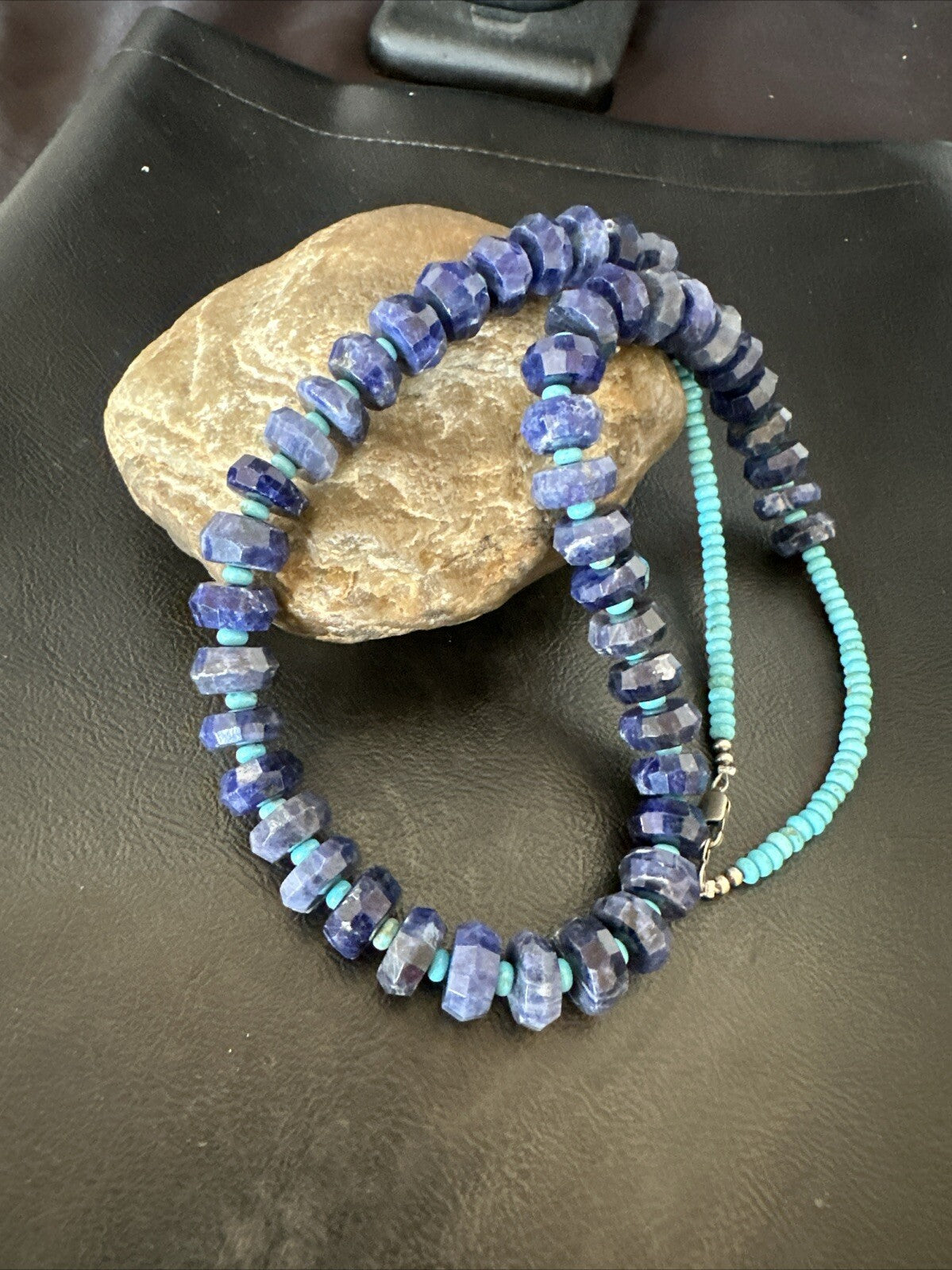 Mens Turquoise 12mm Faceted Lapis Bead Navajo Sterling Silver Necklace 21" 18277