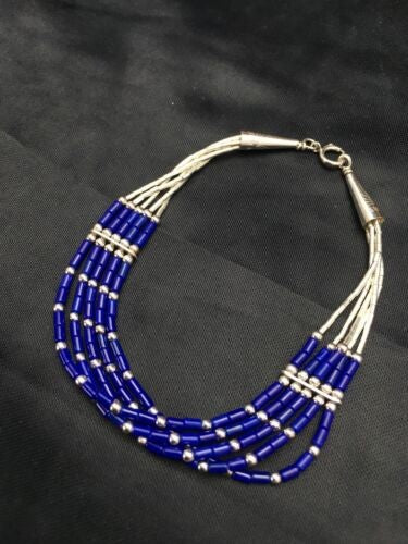 Navajo Lapis Heishi Bracelet Sterling Liquid Silver 5-Strand 7" 2934