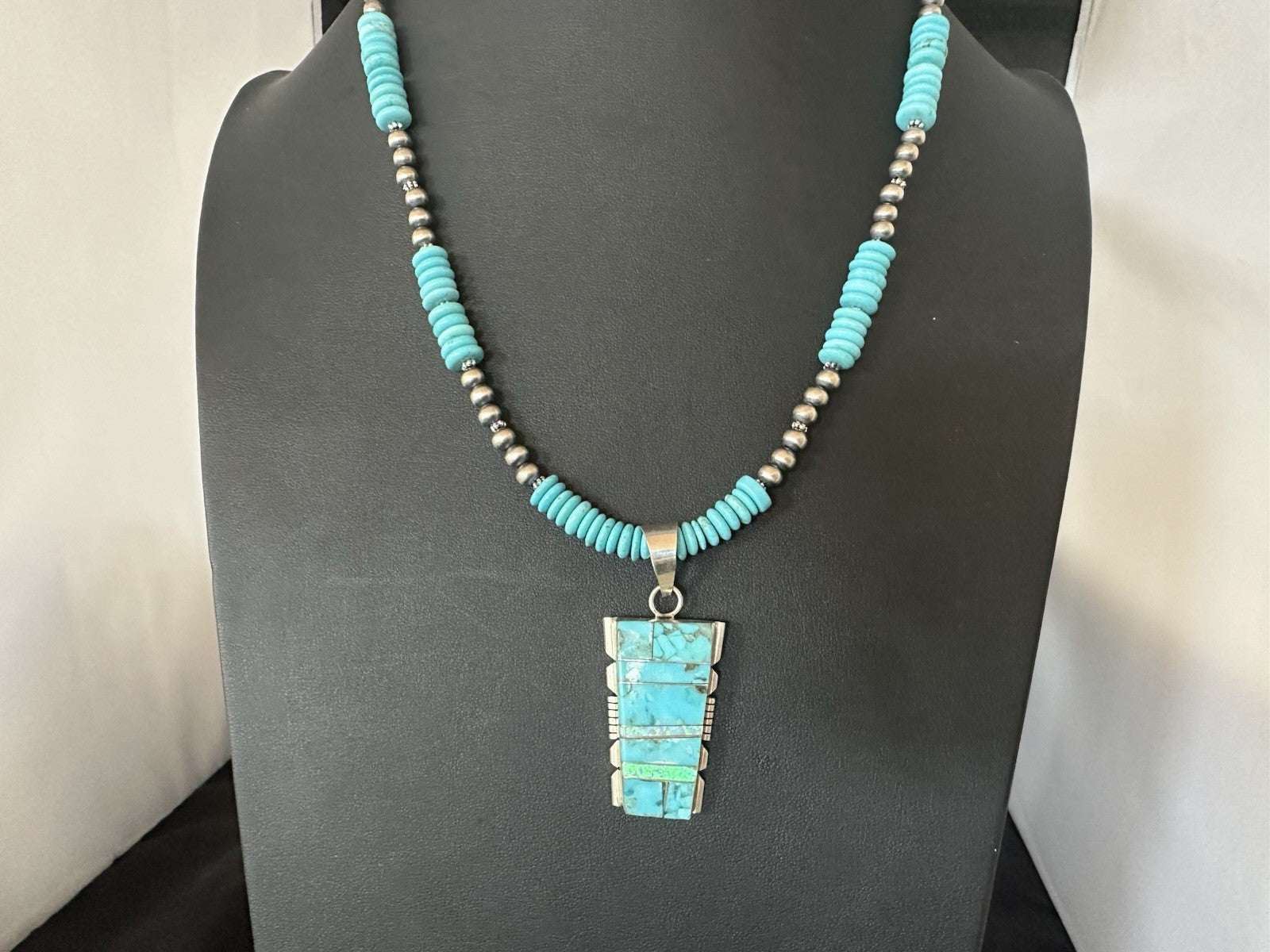 Blue Turquoise Opal Inlay Pendant Navajo Sterling Silver Necklace 19512