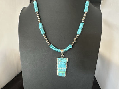 Blue Turquoise Opal Inlay Pendant Navajo Sterling Silver Necklace 19512
