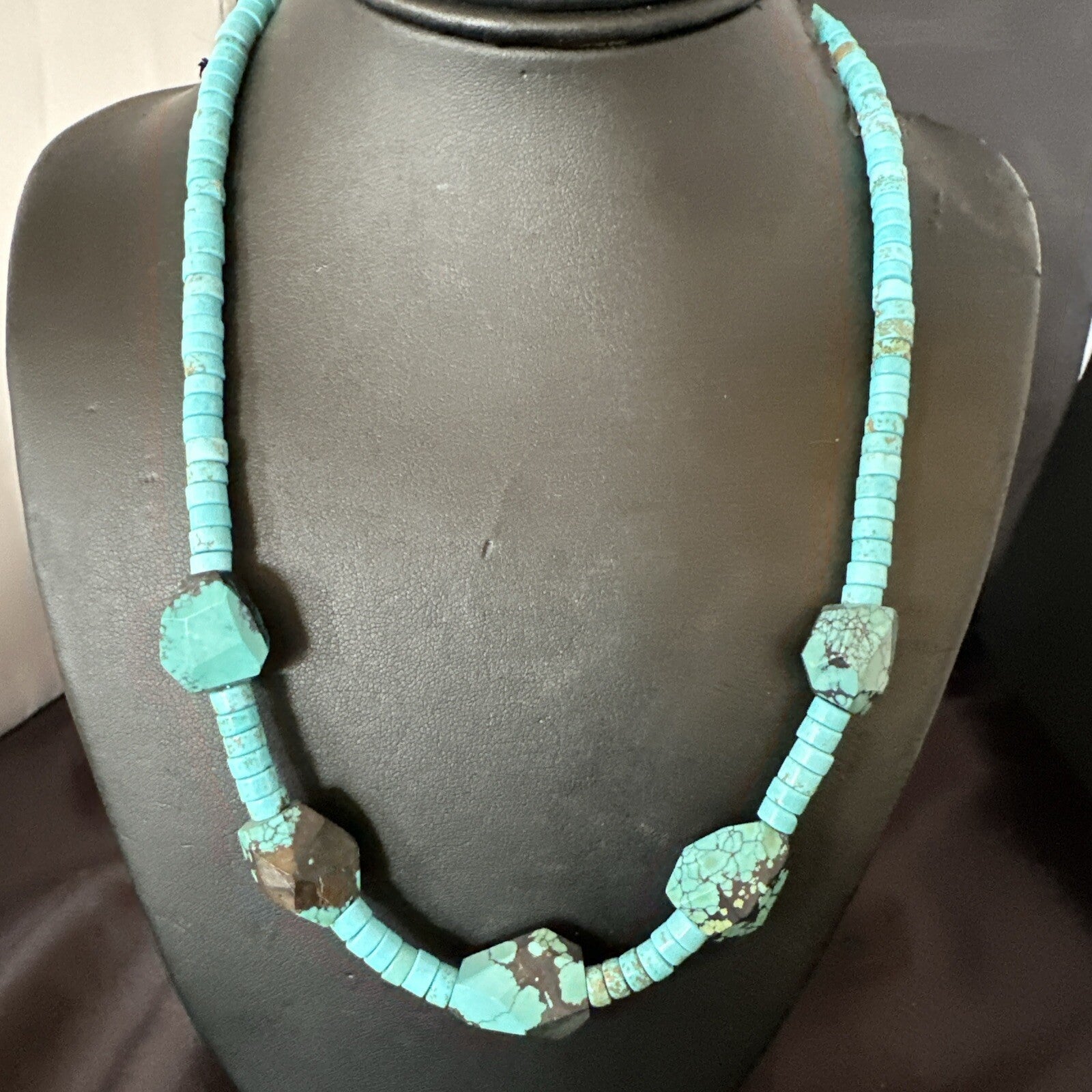 Native Turquoise Nugget Heishi Bead Navajo Sterling Silver Necklace 17807