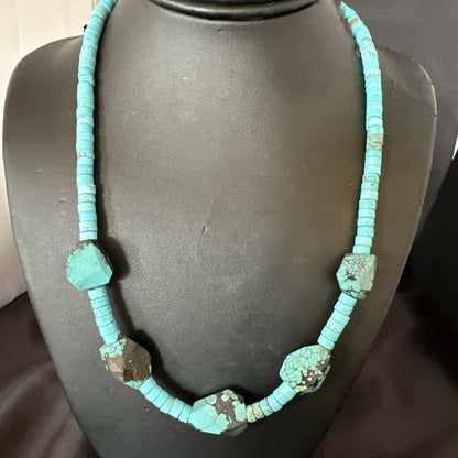 Native Turquoise Nugget Heishi Bead Navajo Sterling Silver Necklace 17807
